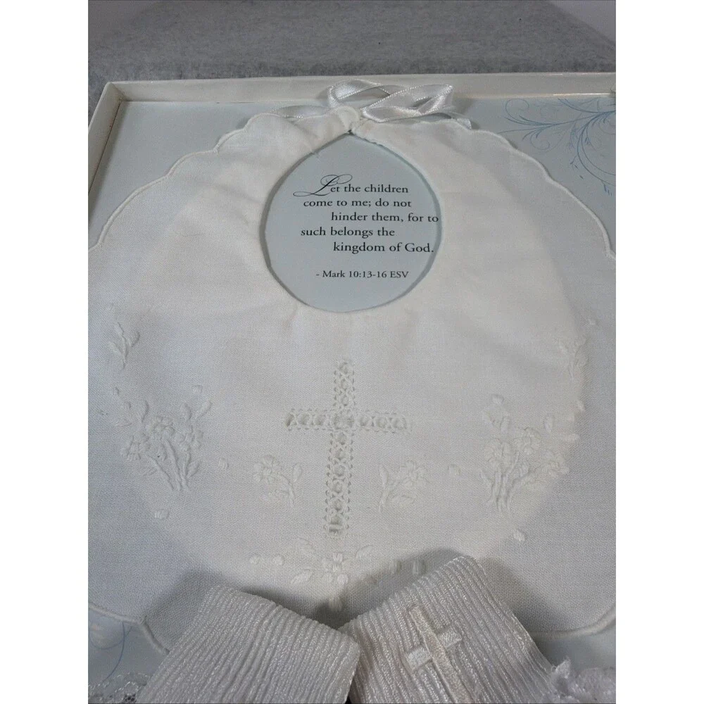 Baby White Christening Baptism Bib & Socks Set Lace Trim Embroidered Cross Gift